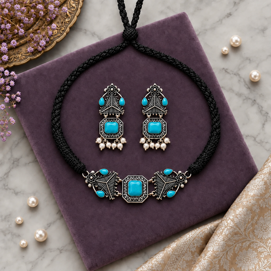 TURQUOISE MRITSA SILVER PLATED JEWELLERY SET