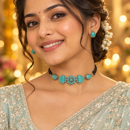 TURQUOISE KARYA SILVER PLATED JEWELLERY SET