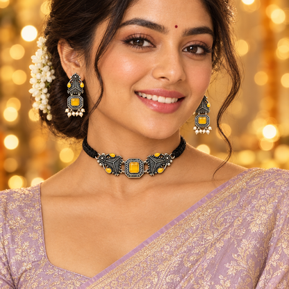 YELLOW MRITSA SILVER PLATED JEWELLERY SET