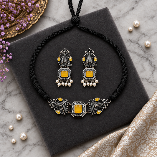 YELLOW MRITSA SILVER PLATED JEWELLERY SET
