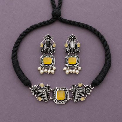 YELLOW MRITSA SILVER PLATED JEWELLERY SET