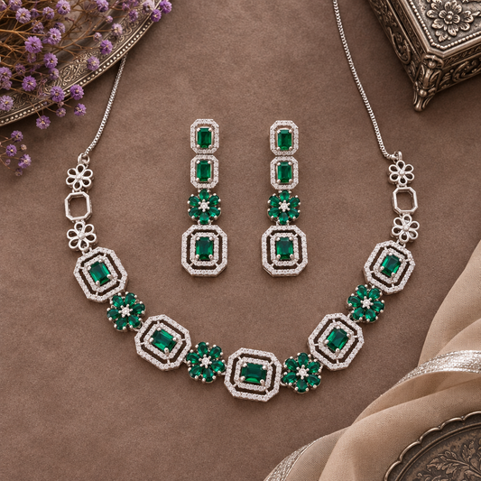 EMERALD AAROHI AMERICAN DIAMOND JEWELLERY SET