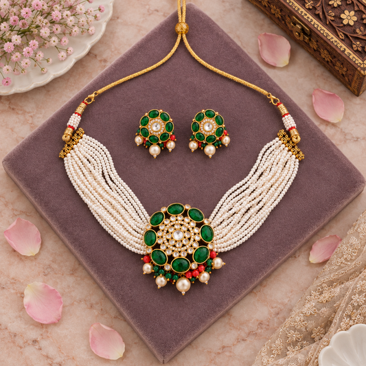 EMERALD ADVIKA KUNDAN JEWELLERY SET