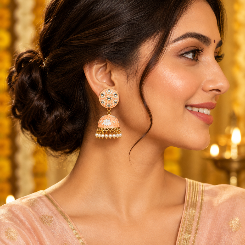 PEACH TURABA KUNDAN JHUMKI EARRINGS