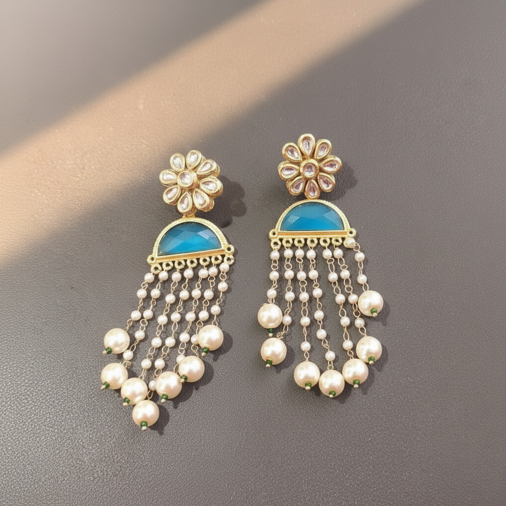 BLUE JANVI KUNDAN DANGLER EARRINGS