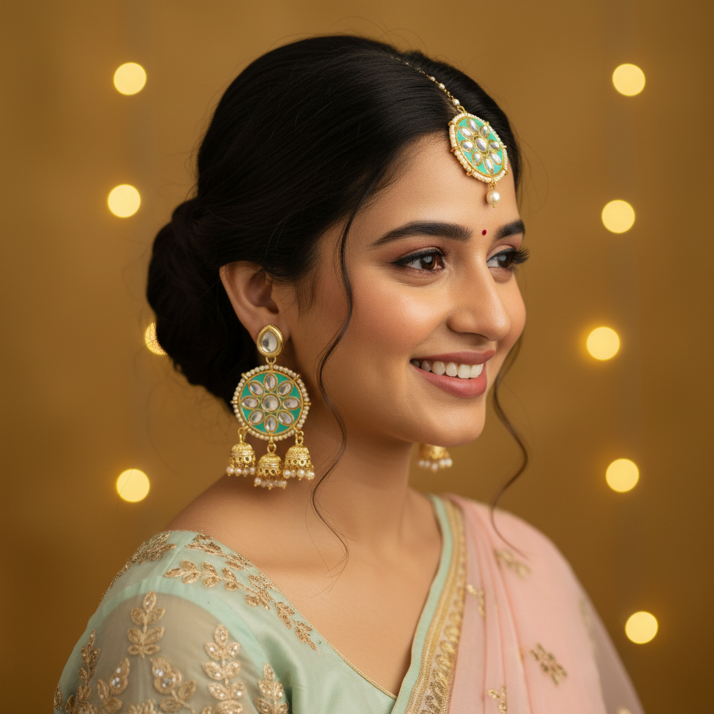 MINT MAYA KUNDAN EARRINGS - WITH MAANG TIKKA