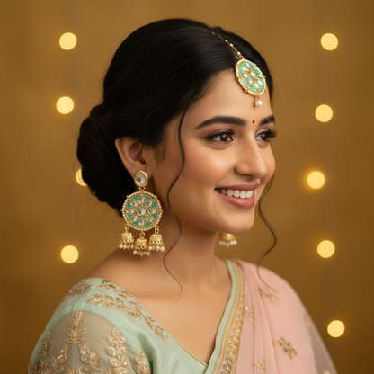 MINT MAYA KUNDAN EARRINGS - WITH MAANG TIKKA