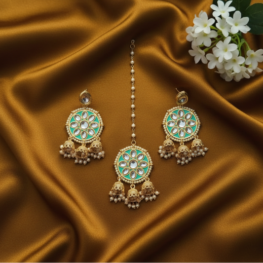MINT MAYA KUNDAN EARRINGS - WITH MAANG TIKKA