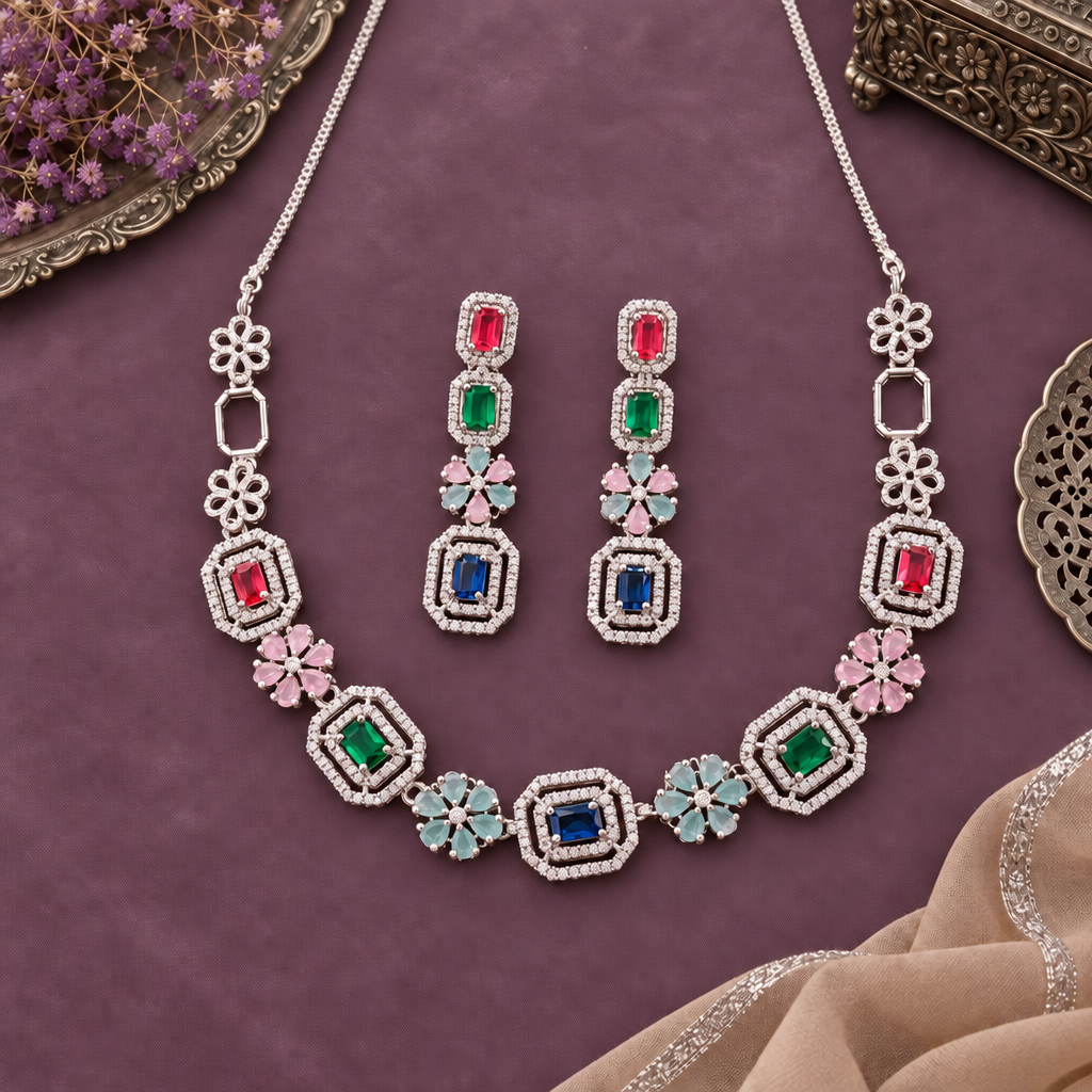 MULTICOLOR AAROHI AMERICAN DIAMOND JEWELLERY SET