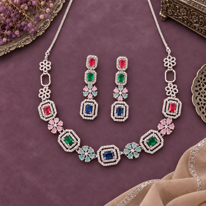 MULTICOLOR AAROHI AMERICAN DIAMOND JEWELLERY SET