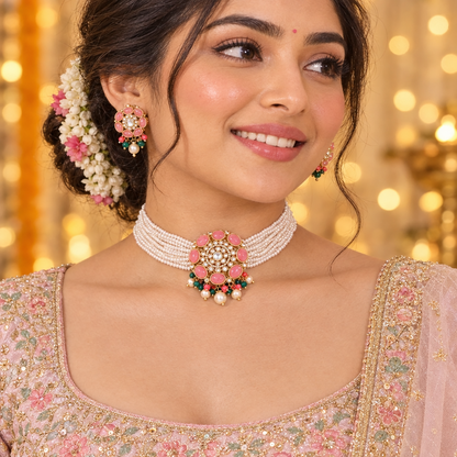 PINK ADVIKA KUNDAN JEWELLERY SET