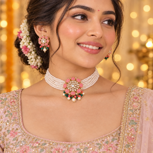 PINK ADVIKA KUNDAN JEWELLERY SET