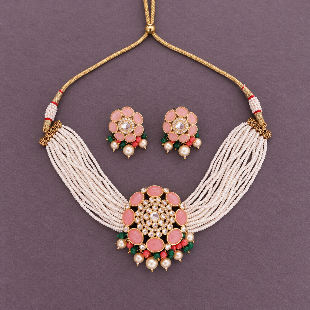 PINK ADVIKA KUNDAN JEWELLERY SET