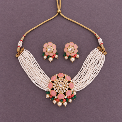 PINK ADVIKA KUNDAN JEWELLERY SET