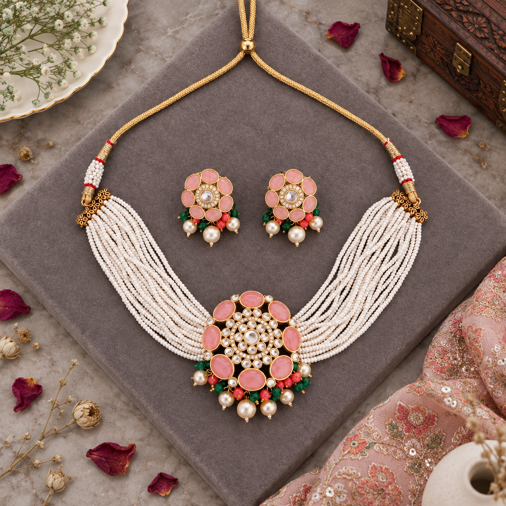 PINK ADVIKA KUNDAN JEWELLERY SET